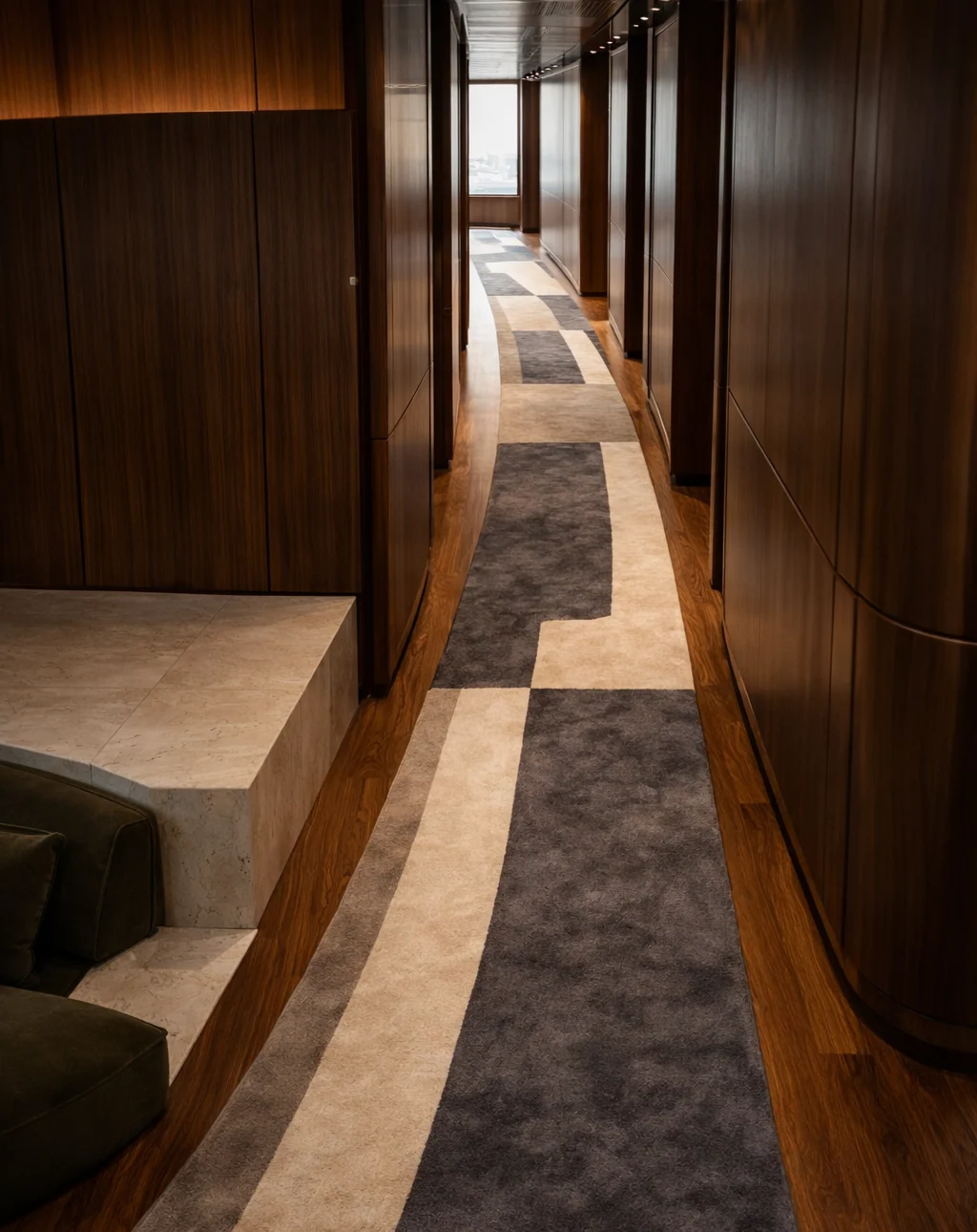 Yacht corridor with a graphic rug