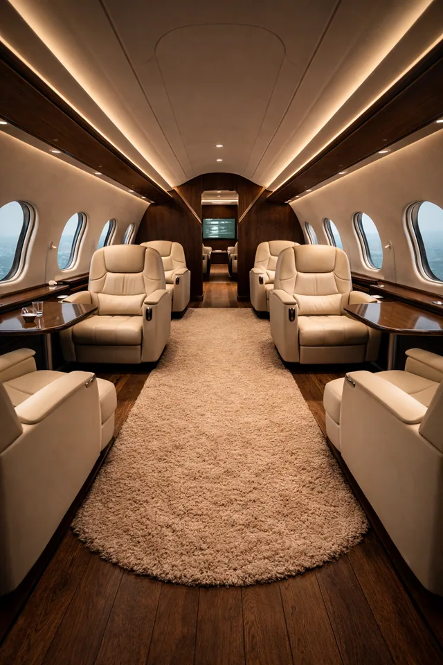 Private aviation cabin with seats and a central rug